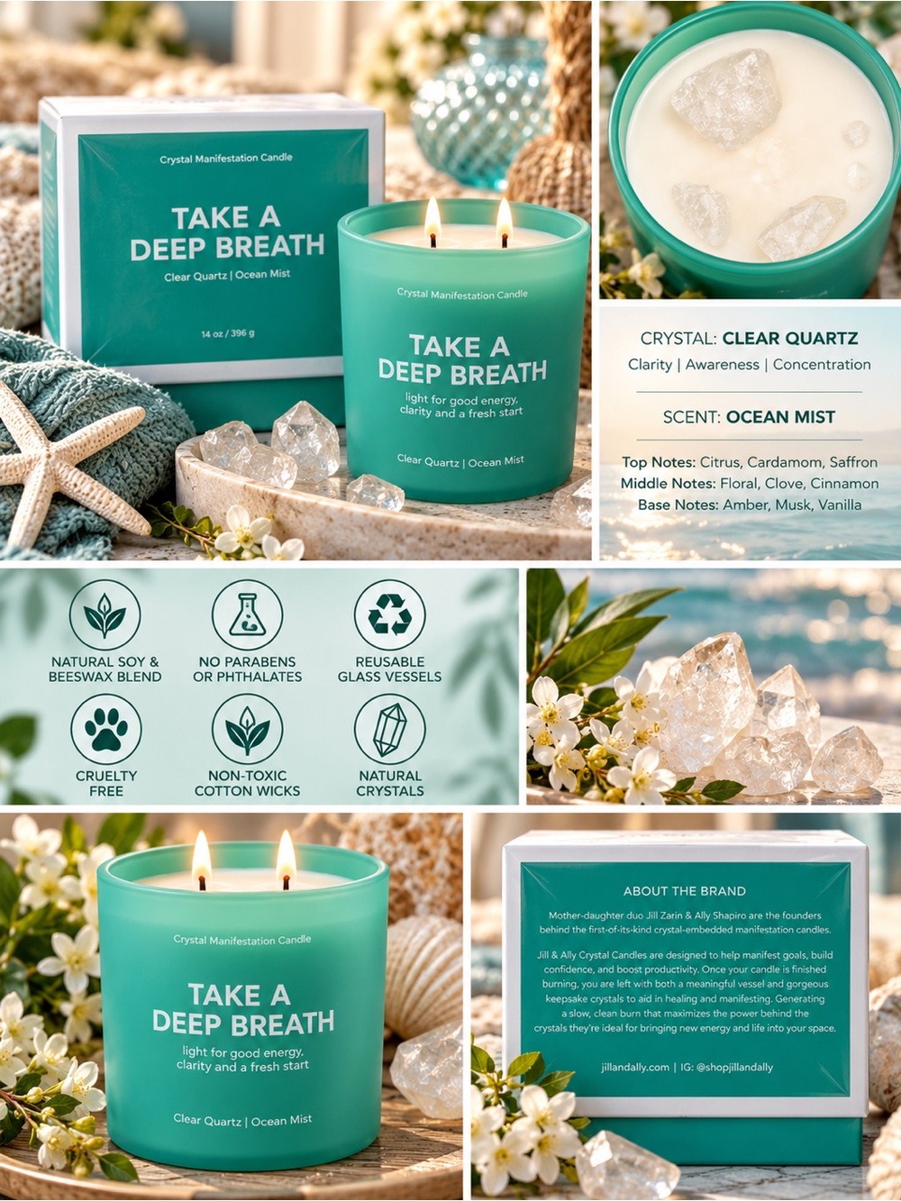 Jill & Ally Take a Deep Breath Clear Quartz Ocean Mist Crystal Candle 14 oz